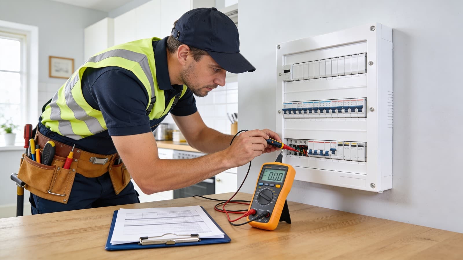 A Safe Electric registered electrician testing a consumer unit with a multimeter beside a clipboard of certification paperwork in an Irish home