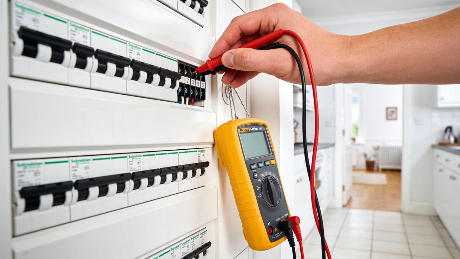 A multifunction electrical test instrument with probes plugged into a wall socket while an electrician tests a circuit
