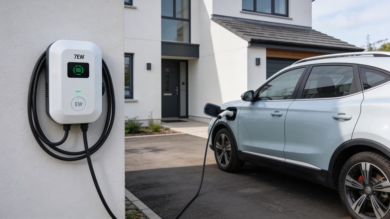 A 7kW home EV wall charger mounted on a modern Irish house with an electric car charging on the driveway