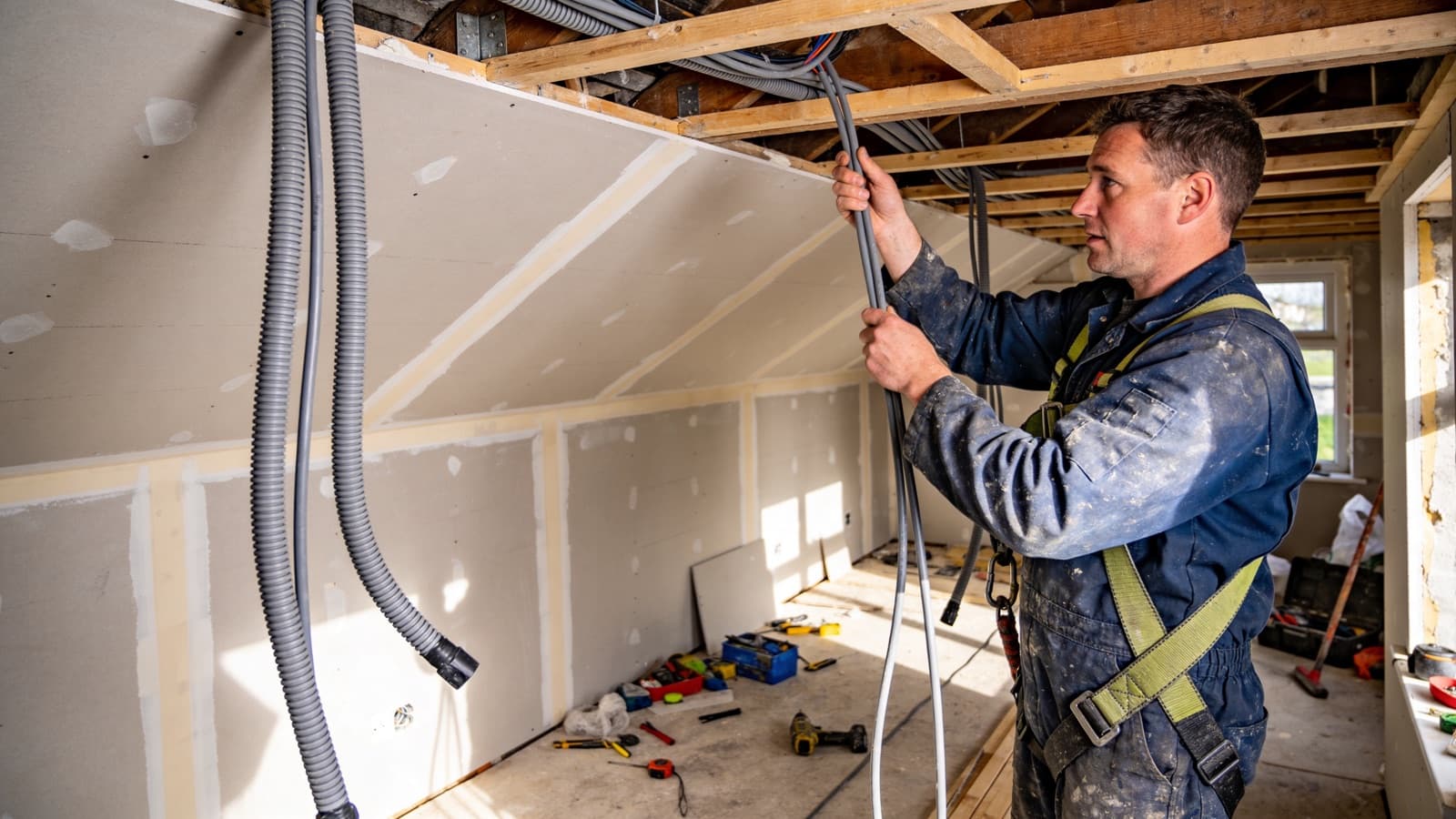 An electrician running new twin-and-earth cable through open ceiling joists during the first-fix stage of a house rewire