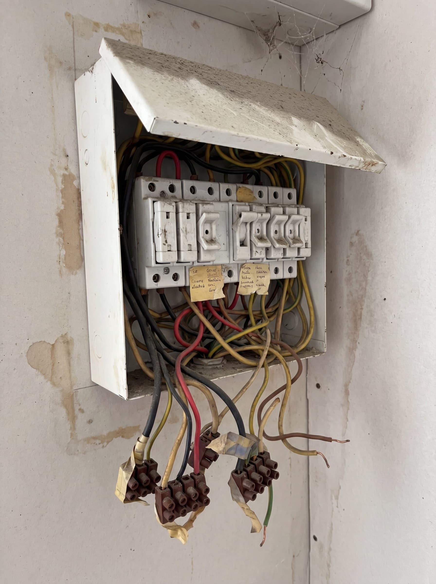 Old 1980s consumer unit with rewireable porcelain fuses, tangled VIR cabling, brown chocolate-block terminations and dust, the kind of board J Cowman Electrical replaces
