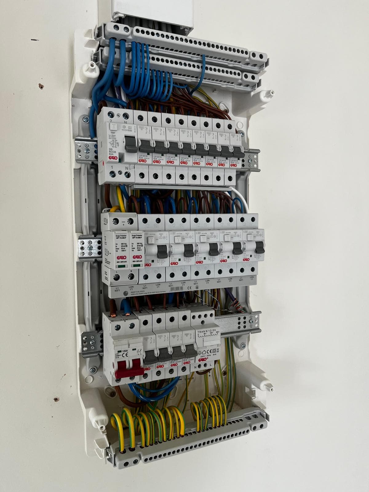 New Hager consumer unit installed by J Cowman Electrical with neat colour-coded wiring, labelled circuits and Safe Electric certification