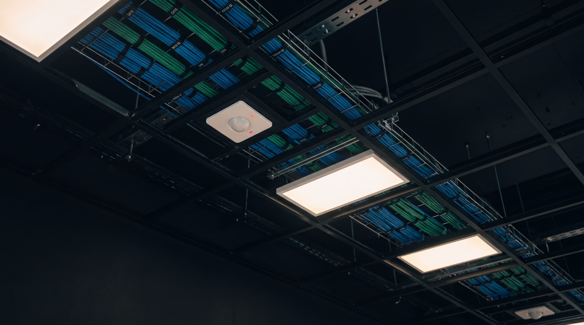Close-up of structured Cat6 data cabling neatly run through a black ceiling grid with integrated LED panel lights in a modern Irish commercial fit-out