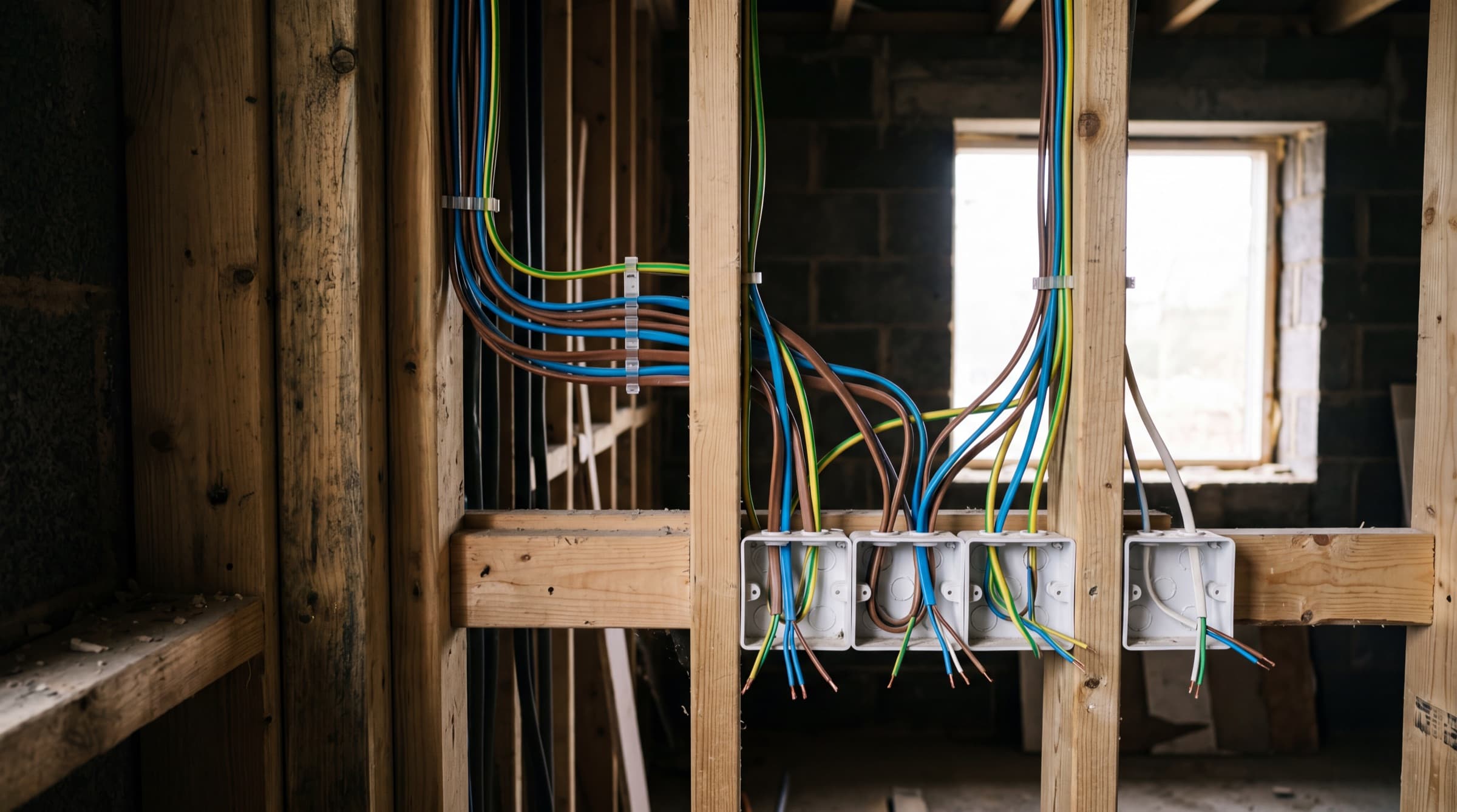 Electrician terminating circuits into a new distribution board on a residential development, with labelled RCBOs