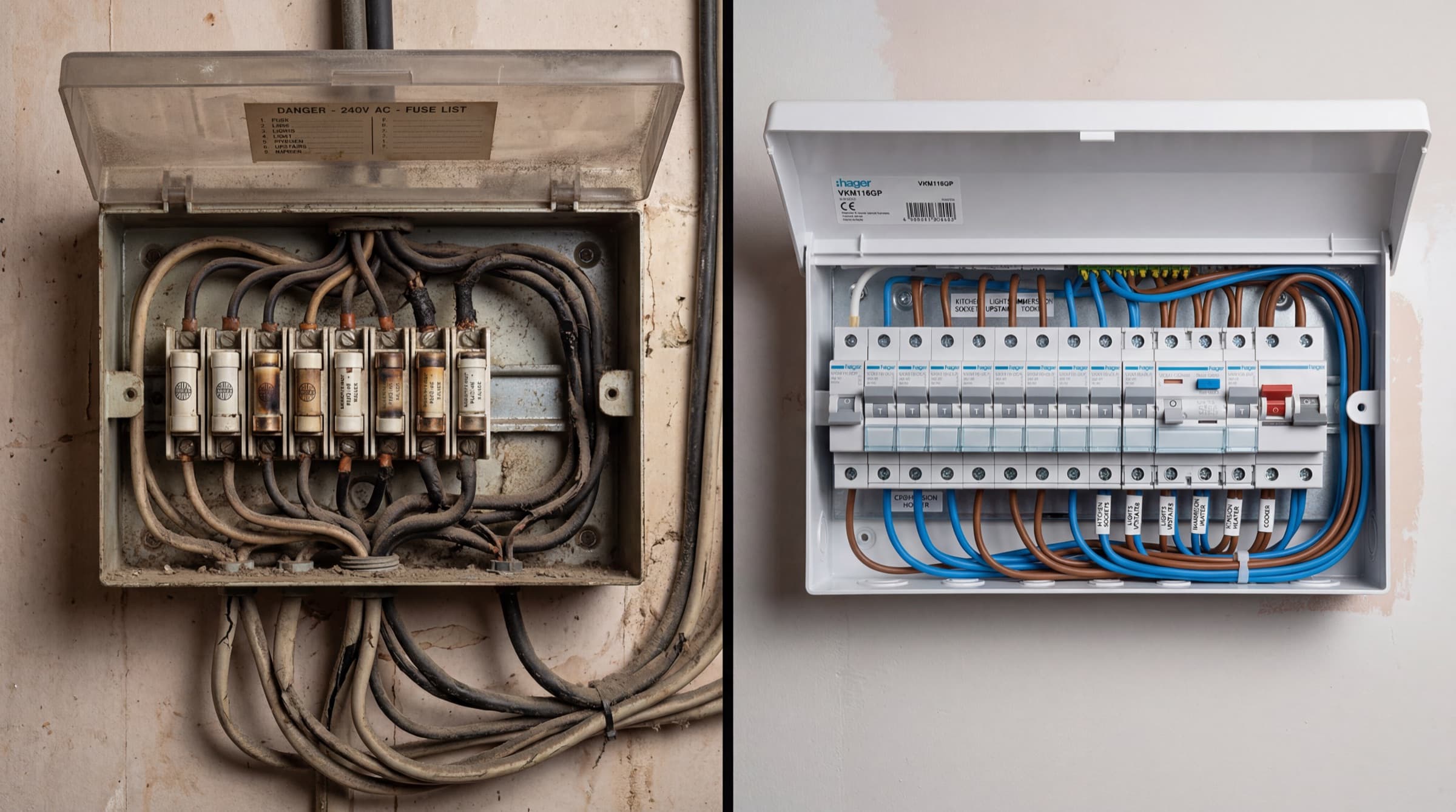 Before-and-after split-frame comparison of an old 1980s Irish consumer unit with rewireable fuses next to a new Hager VKM 16-way RCBO consumer unit